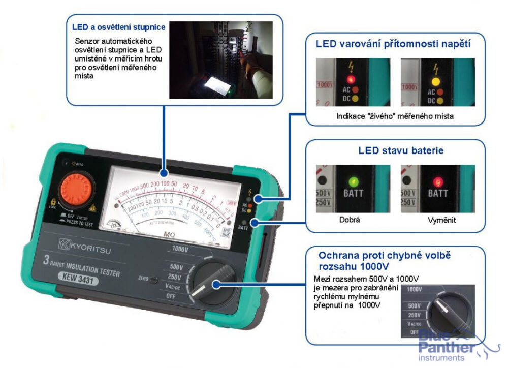 Měřič izolace Kyoritsu KEW 3431, popis funkcí